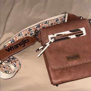 Wrangler Brown Leather-Look Crossbody with Patterned Strap
